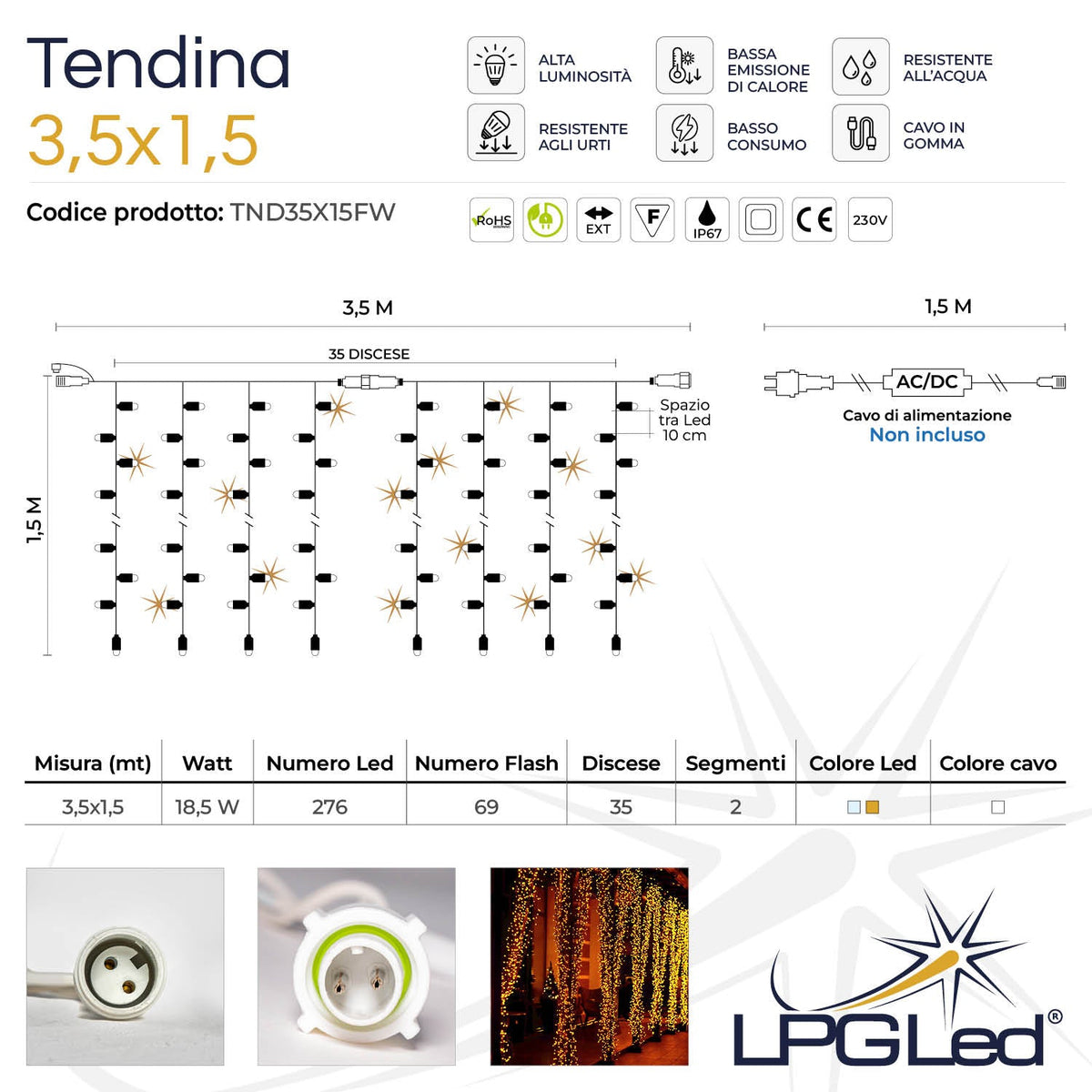 Tendina led | 3,5x1,5m 230V | cavo bianco | 345 led (69 flash)