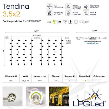Tendina led | 3,5x2m 230V | cavo bianco | 460 led