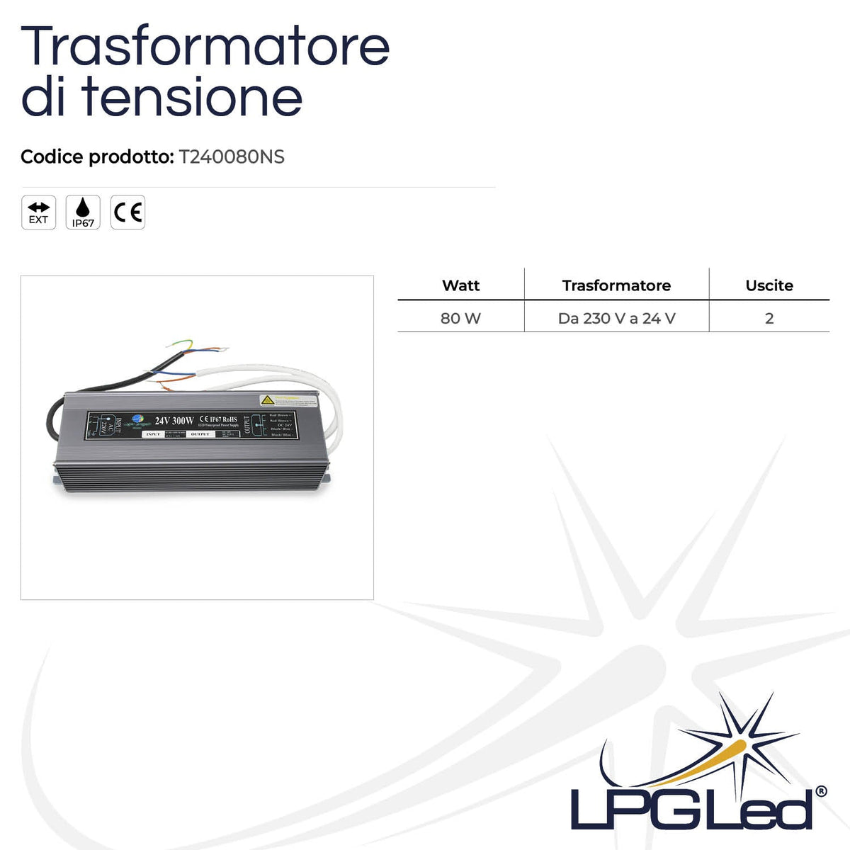 Trasformatore di tensione LPGLed | 80 Watt 2 uscite | IP67 | 24V