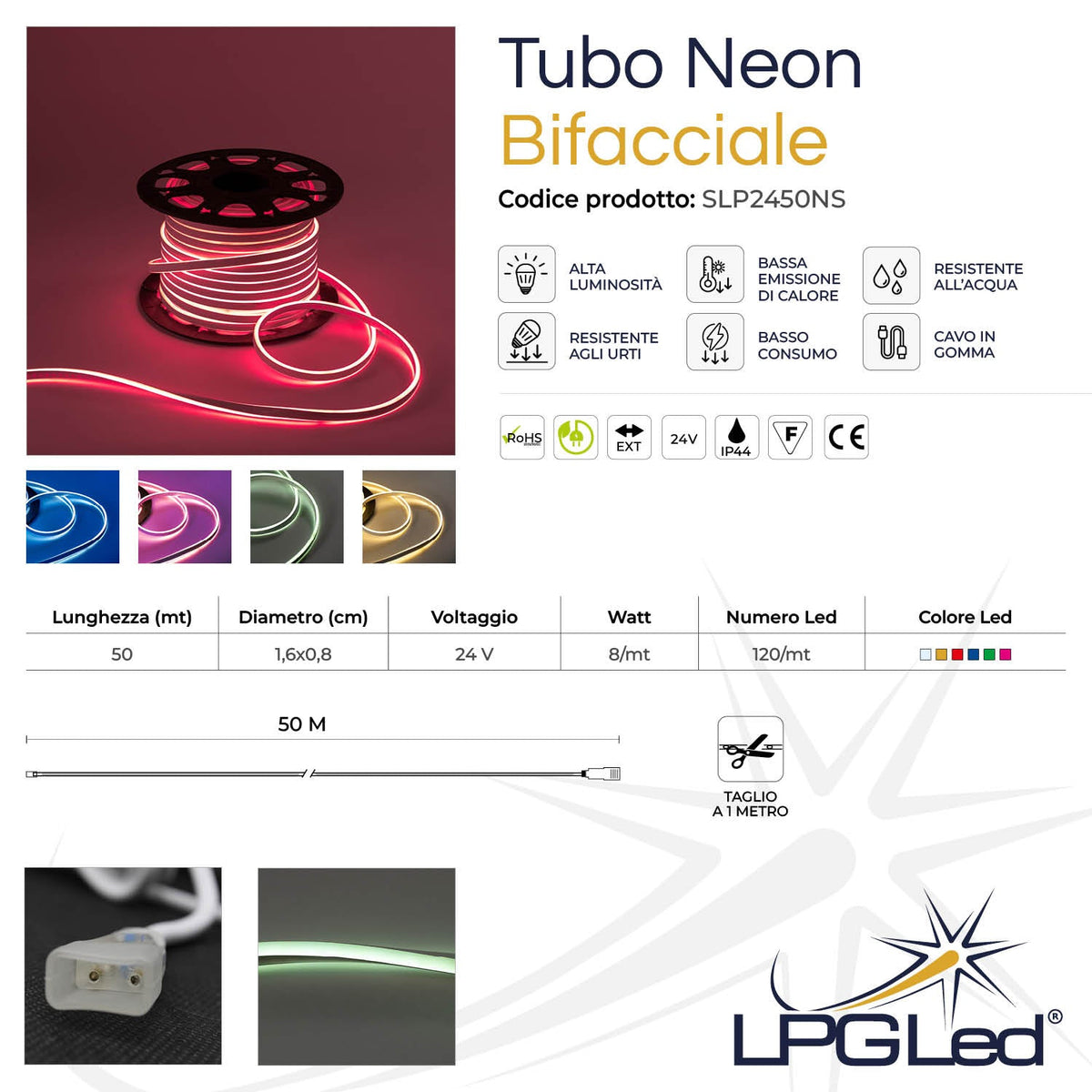 Striscia strip neon bifacciale flessibile | 16x8mm | 50m 24V | IP44 | taglio al metro