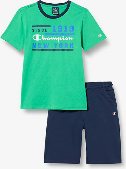 Champion completino da ragazzo Legacy Graphic T-shirt + Bermuda 306315 GS004 ELG verde-blu