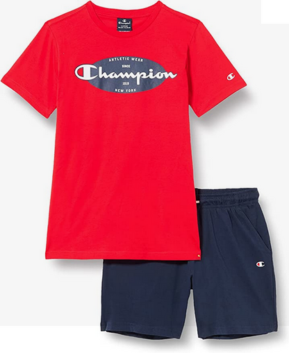 Champion completino da ragazzo Legacy Graphic T-shirt + Bermuda 306314 RS046 HRR red-navy