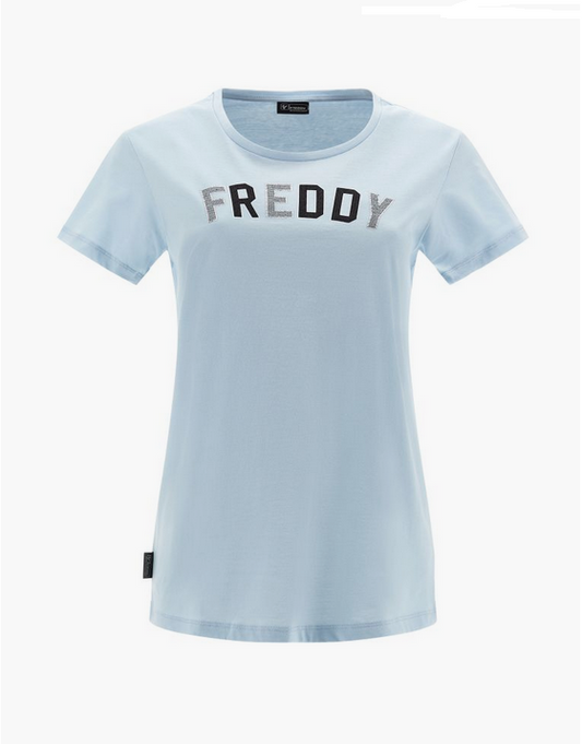 Freddy T-shirt da donna stampa college in strass cristallo e glitter nero S3WCXT2 C66 winter sky