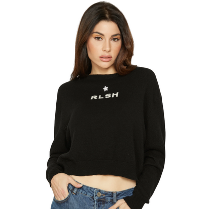 Relish Maglia Corta Manica Lunga Jacquard Logo Stella Strass Frida Nero