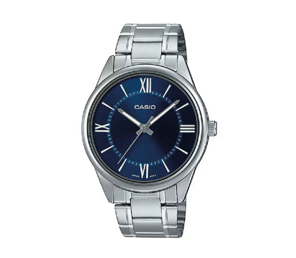 Casio MTP‑V005D‑2B5 – Orologio Uomo Cassa e Bracciale Acciaio con Quadrante Blu e Indici Romani