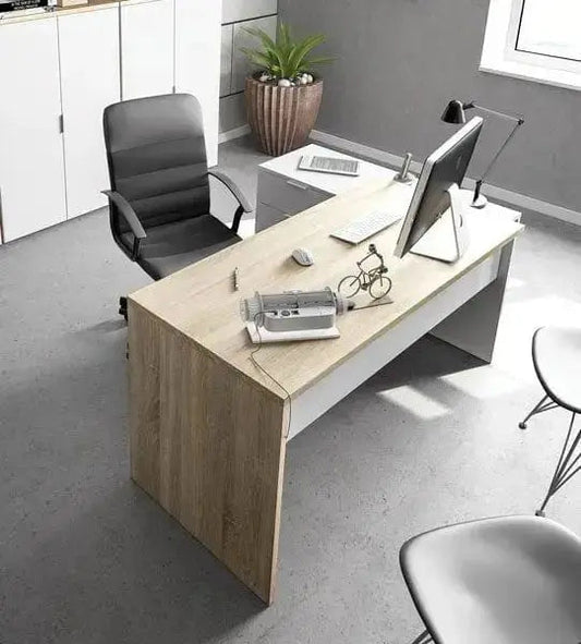 Reversible oak laminate desk with white drawer unit