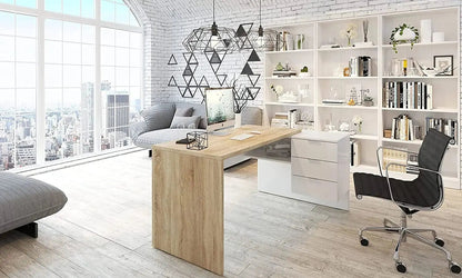 Scrivania reversibile in laminato rovere con cassettiera bianca