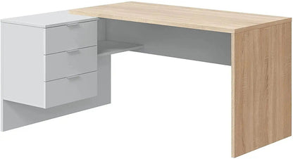 Scrivania reversibile in laminato rovere con cassettiera bianca