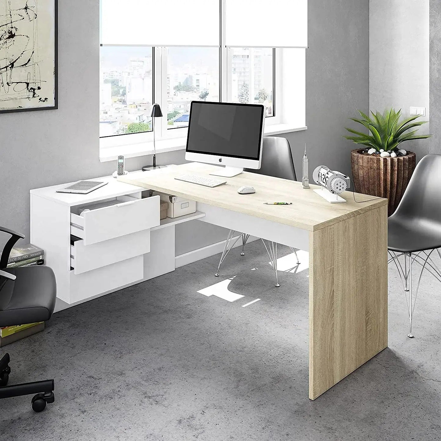 Scrivania reversibile in laminato rovere con cassettiera bianca