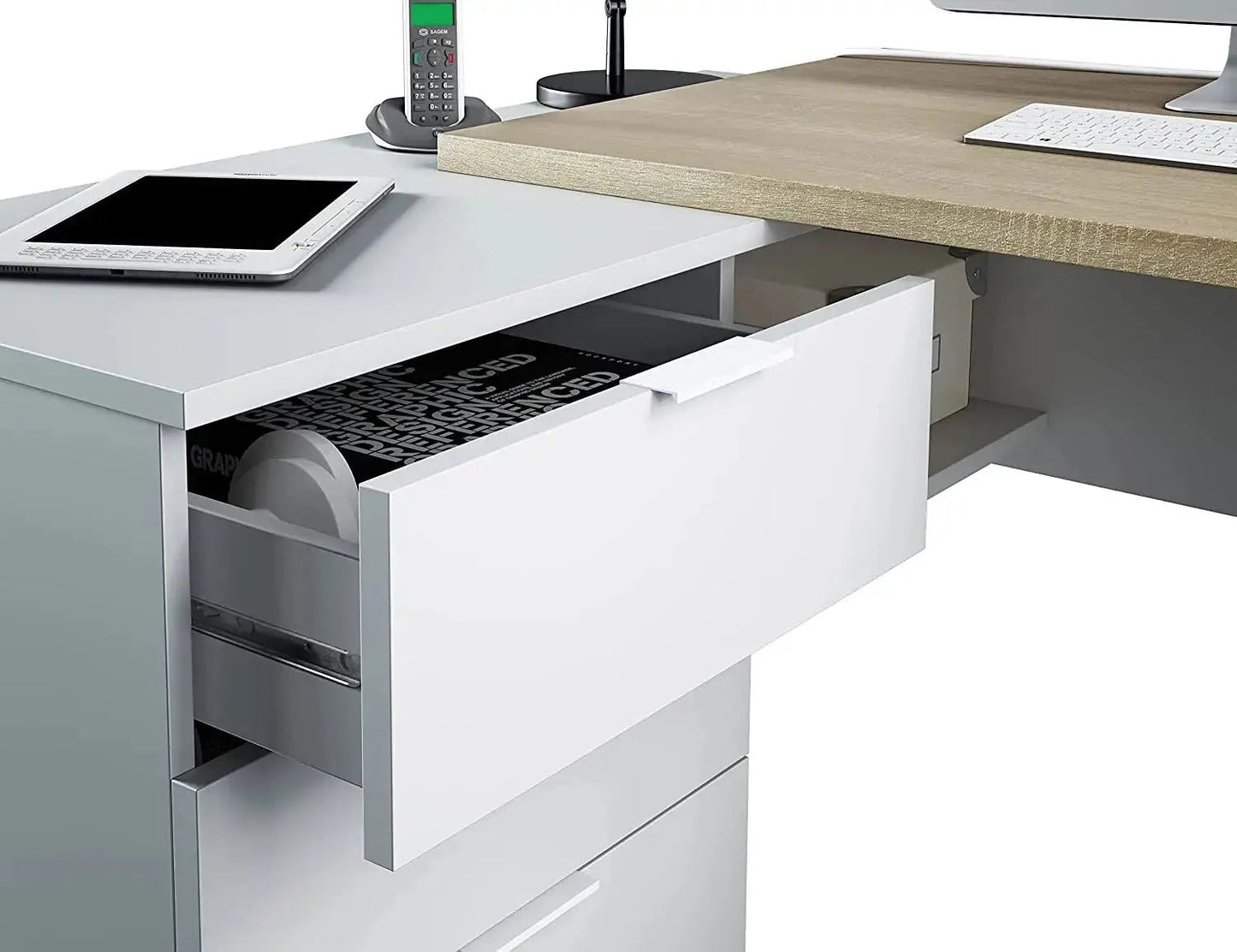 Scrivania reversibile in laminato rovere con cassettiera bianca