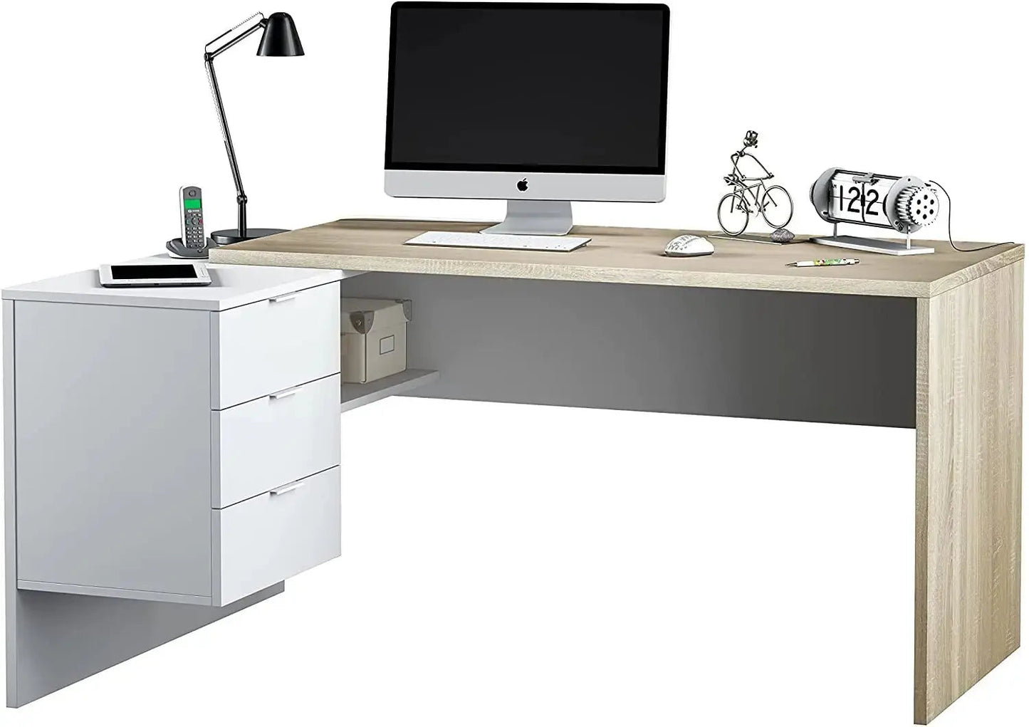 Scrivania reversibile in laminato rovere con cassettiera bianca