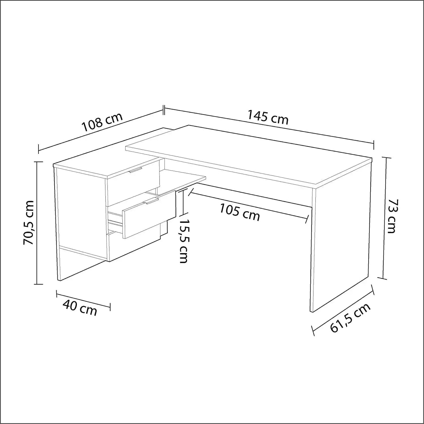 Scrivania reversibile in laminato rovere con cassettiera bianca