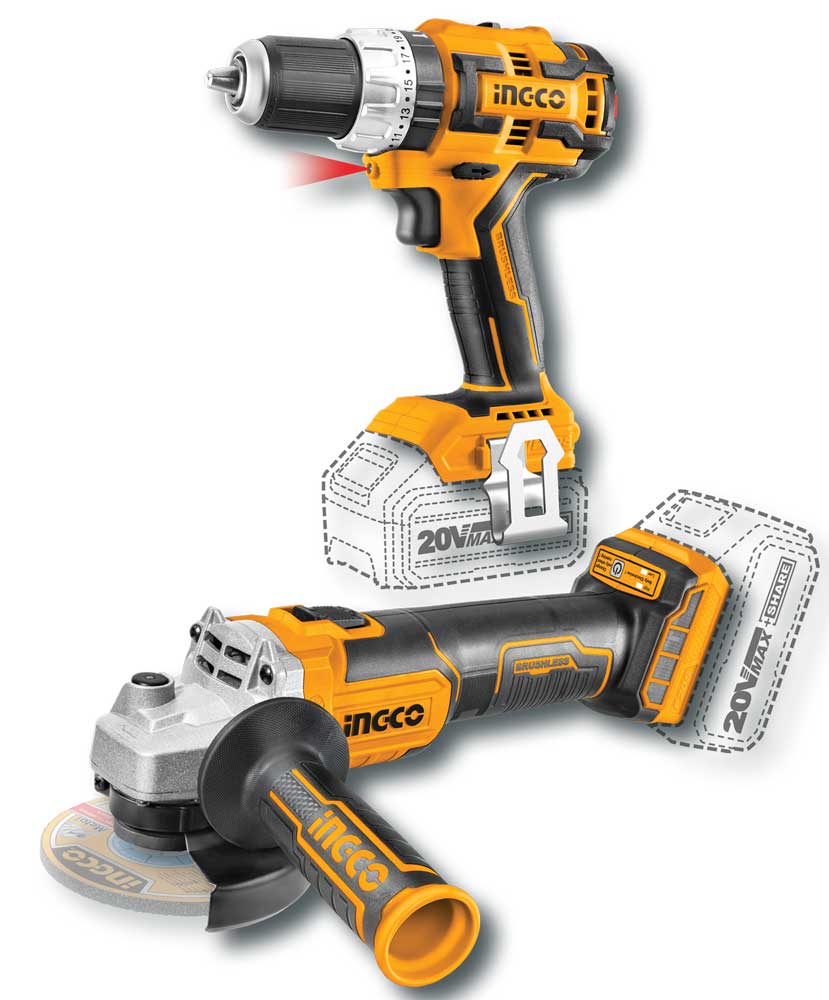 Set trapano e smerigliatrice 20V con 2 batterie 4ah e caricabatterie