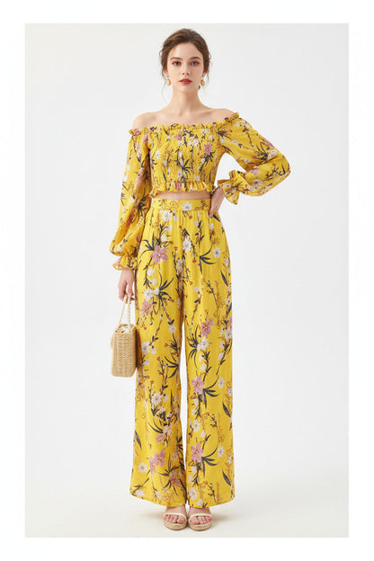 Completo Donna Elegante Estivo in Chiffon con Pantaloni Vita Alta