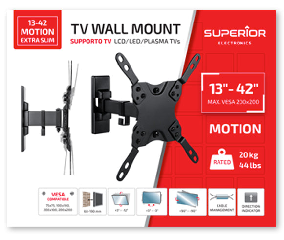 Superior TV-Wandhalterung 13"- 42" Bewegung Extra Slim Stahl 20 kg Smart TV LED Monitor