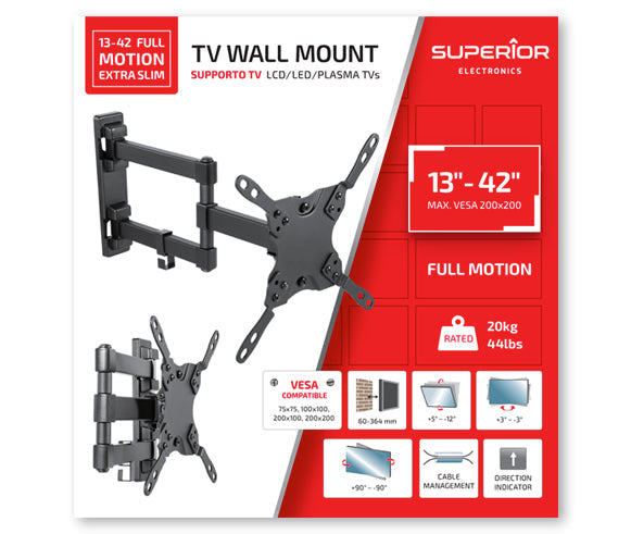 Superior TV-Wandhalterung 13"- 42" Full Motion Extra Slim Stahl 20kg Smart TV LED