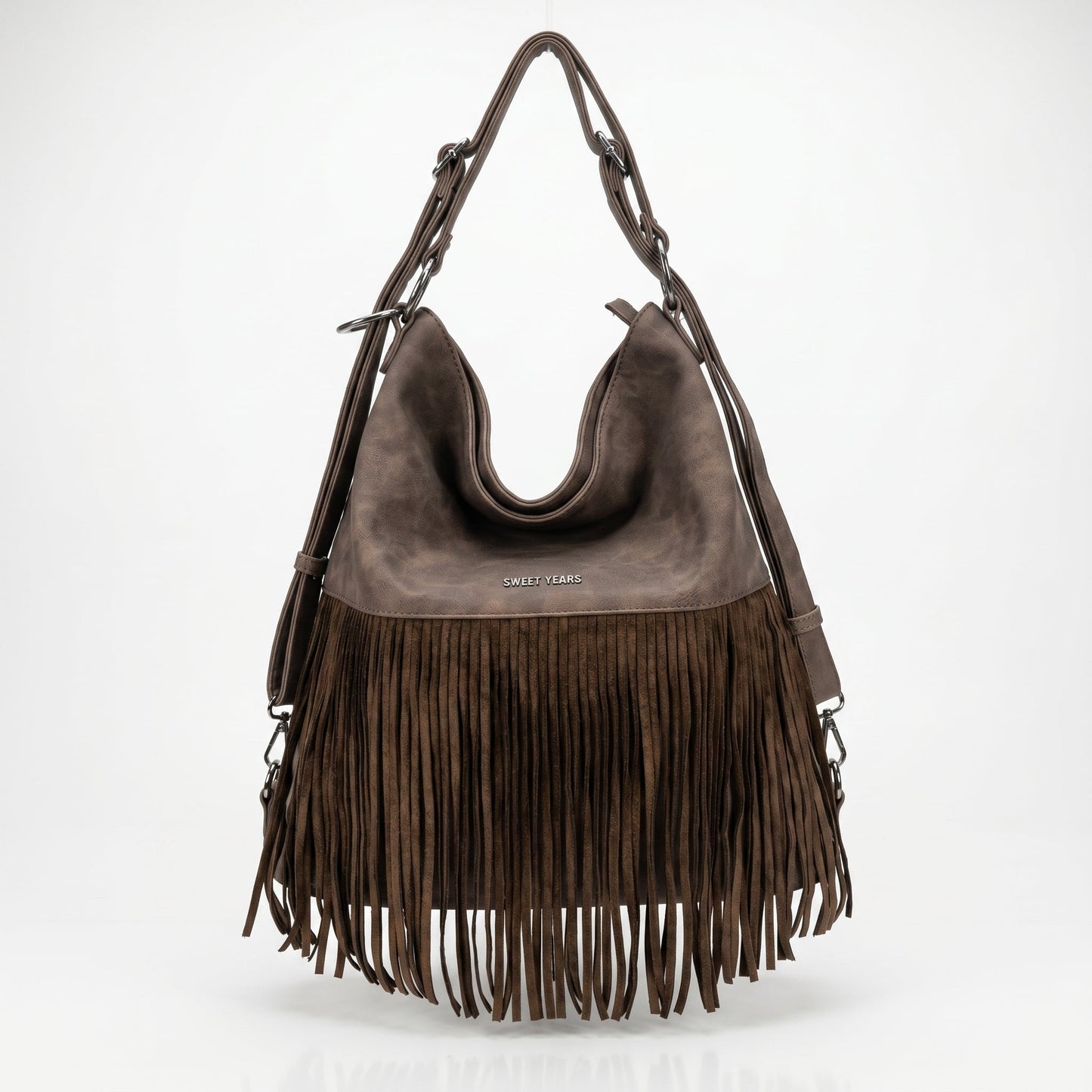 Sweet Years Borsa Hobo Grande in Ecopelle con Frange Effetto Scamosciato