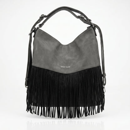 Sweet Years Borsa Hobo Grande in Ecopelle con Frange Effetto Scamosciato