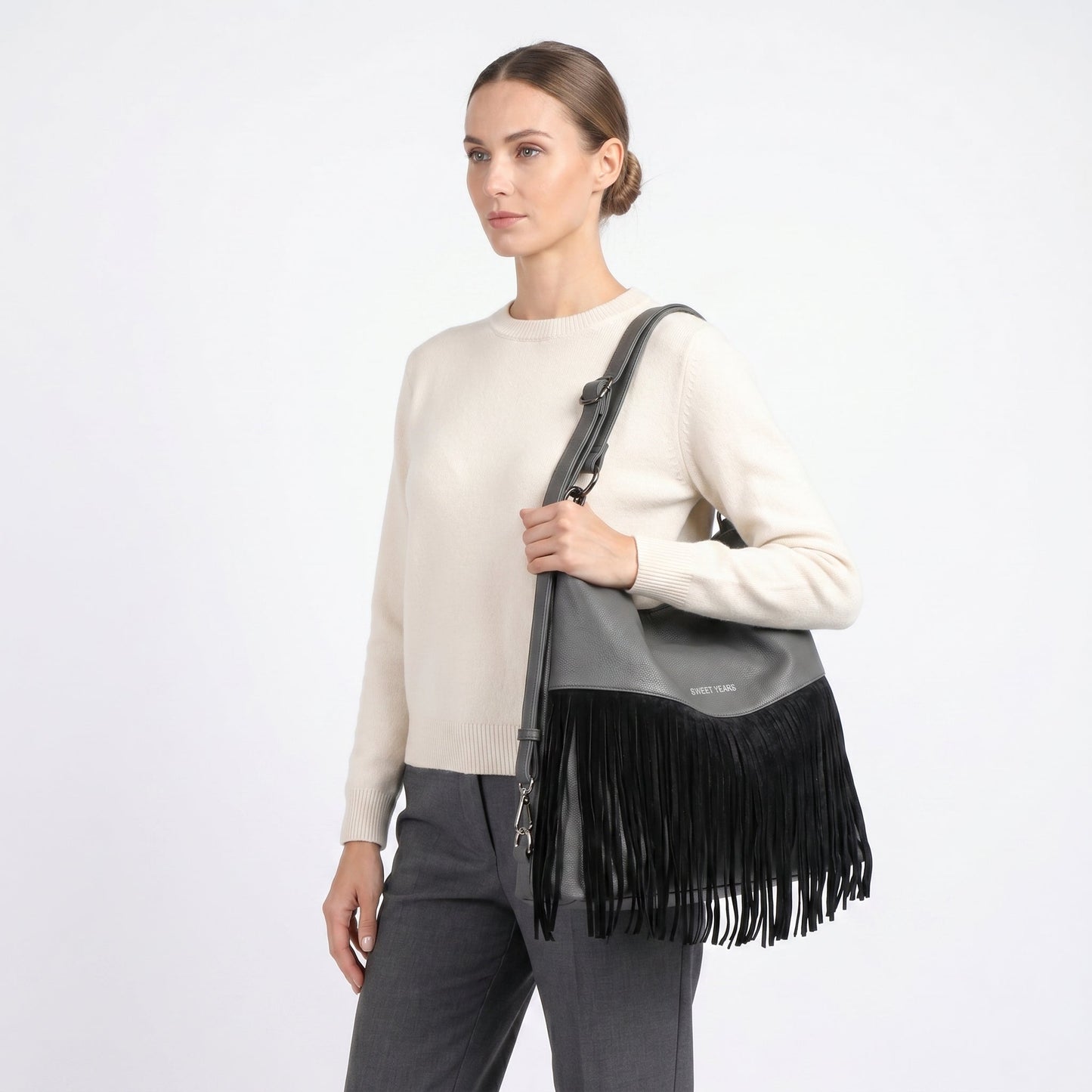 Sweet Years Borsa Hobo Grande in Ecopelle con Frange Effetto Scamosciato