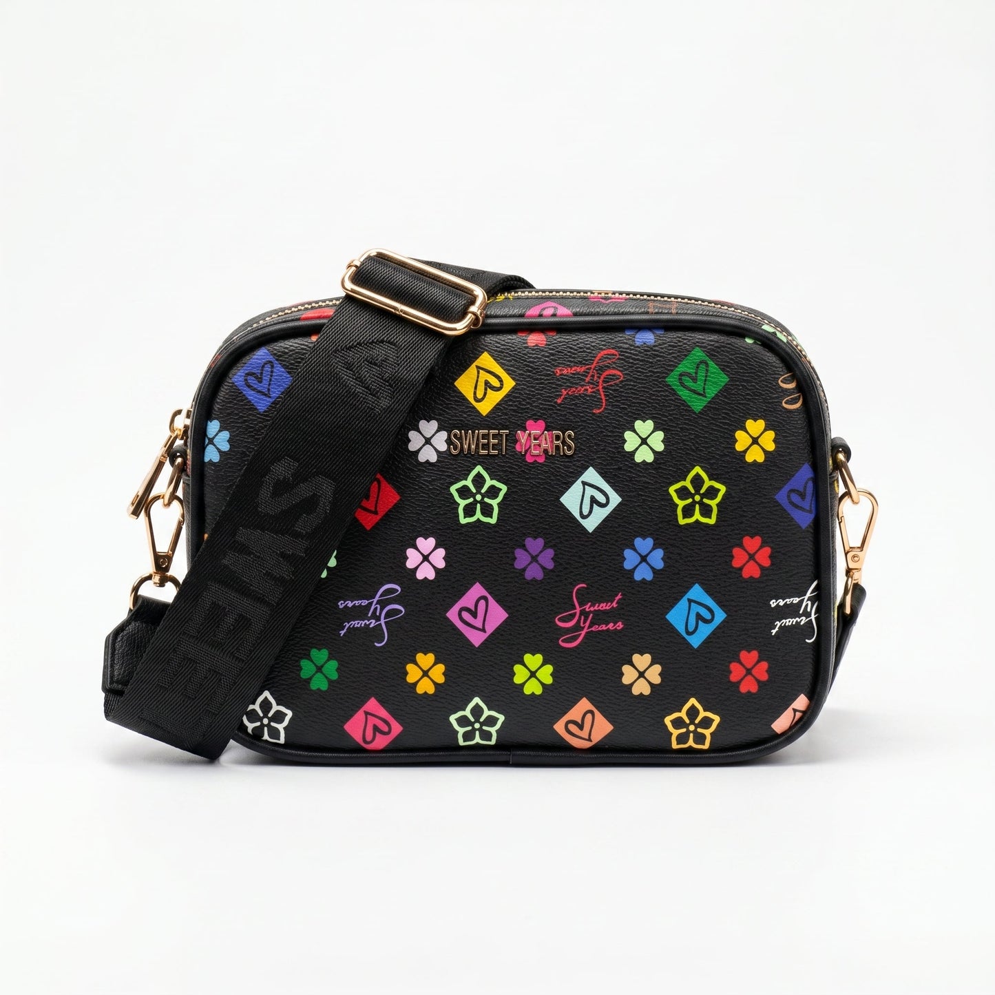 Sweet Years Borsa a Tracolla Camera Bag in Ecopelle con Stampa Monogram Multicolore