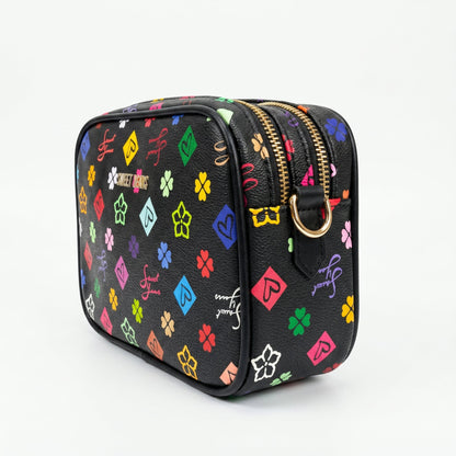 Sweet Years Borsa a Tracolla Camera Bag in Ecopelle con Stampa Monogram Multicolore