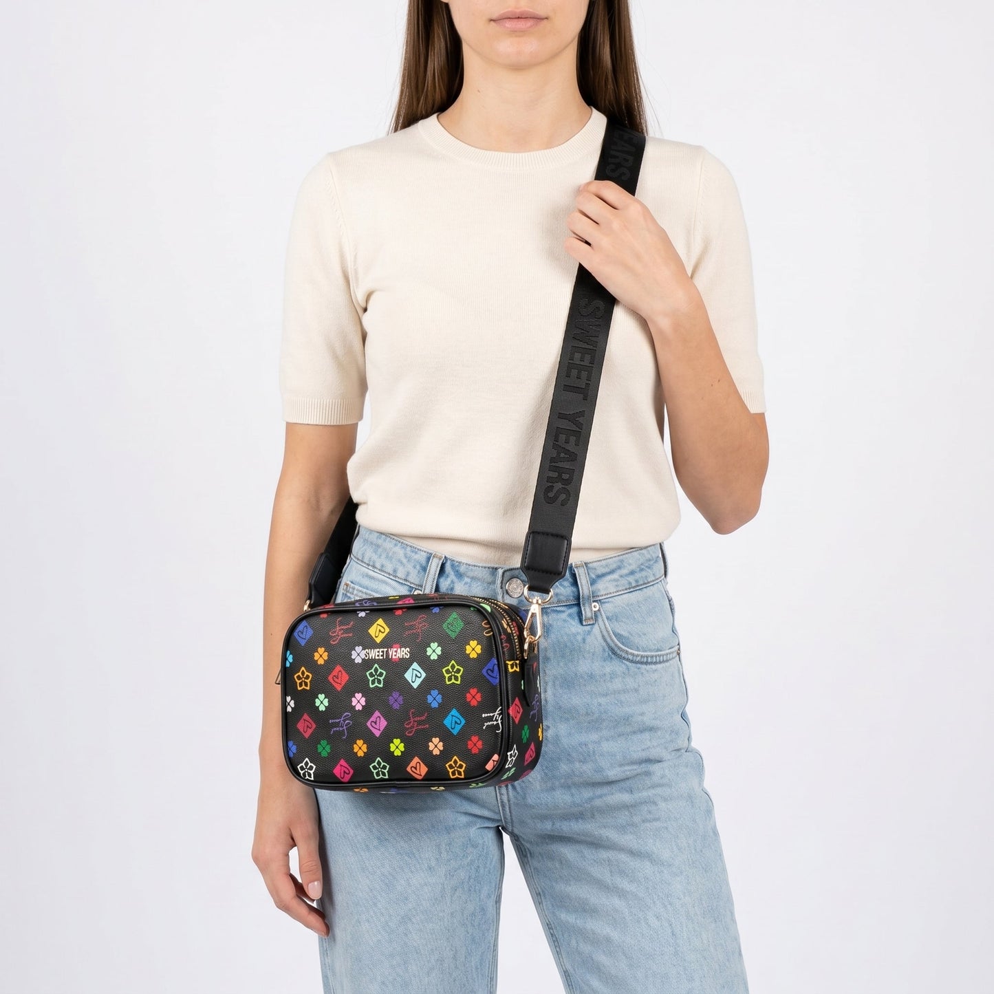 Sweet Years Borsa a Tracolla Camera Bag in Ecopelle con Stampa Monogram Multicolore