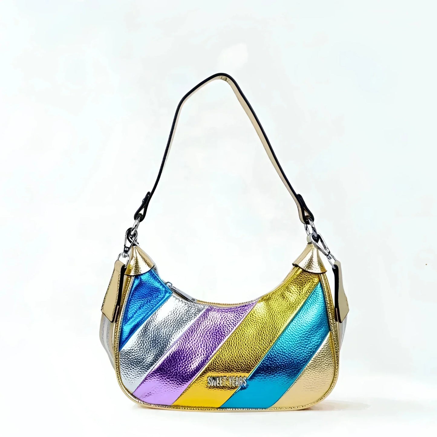 Sweet Years Borsa a Tracolla Righe Rainbow Metallic in Ecopelle