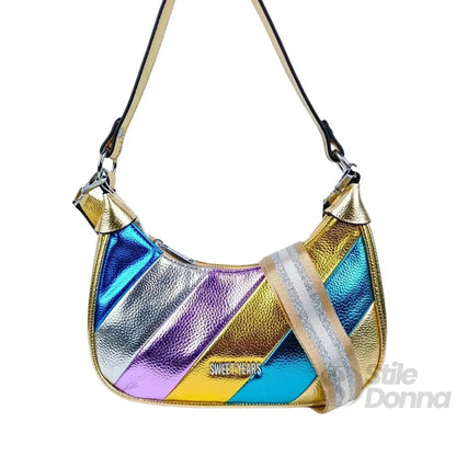 Sweet Years Borsa a Tracolla Righe Rainbow Metallic in Ecopelle