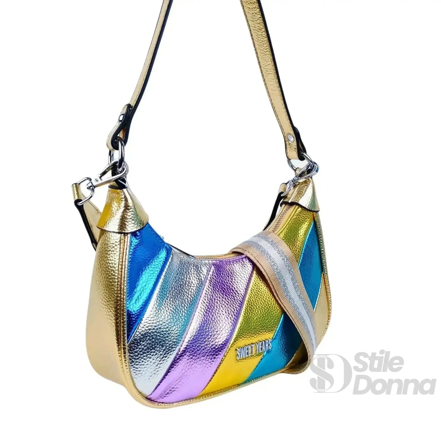 Sweet Years Borsa a Tracolla Righe Rainbow Metallic in Ecopelle