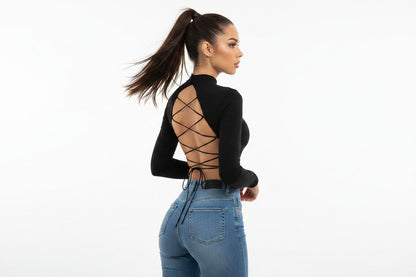 T-Shirt Donna Sexy con Schiena Aperta a Maniche Lunghe