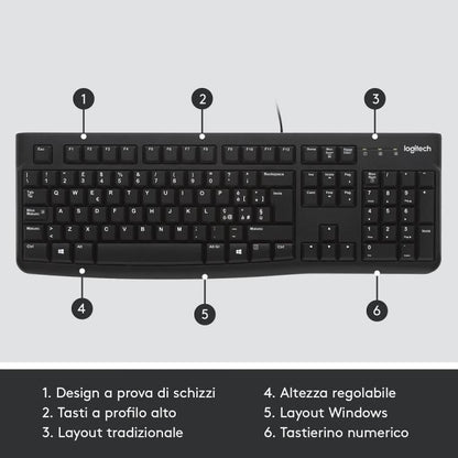 Logitech K120 Tastiera Business Pc Cablata Usb Layout Italiano Qwerty Silenziosa