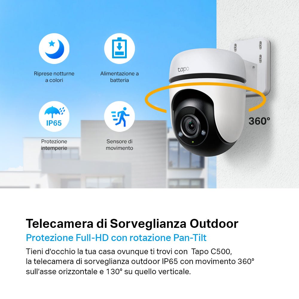 Tapo C500 Telecamera Wi-Fi Esterno 1080P FHD, 360° Visuale, Visione Notturna, ⚠️Non a batteria