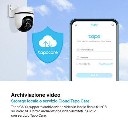 Tapo C500 Telecamera Wi-Fi Esterno 1080P FHD, 360° Visuale, Visione Notturna, ⚠️Non a batteria