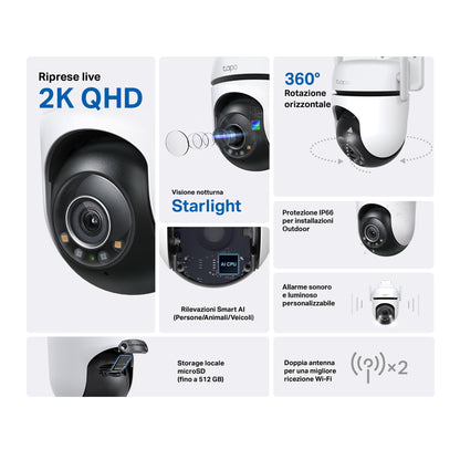 Tapo C520WS Telecamera WiFi Esterno 2K 4MP, Starlight, 360° PTZ, WiFi/Ethernet