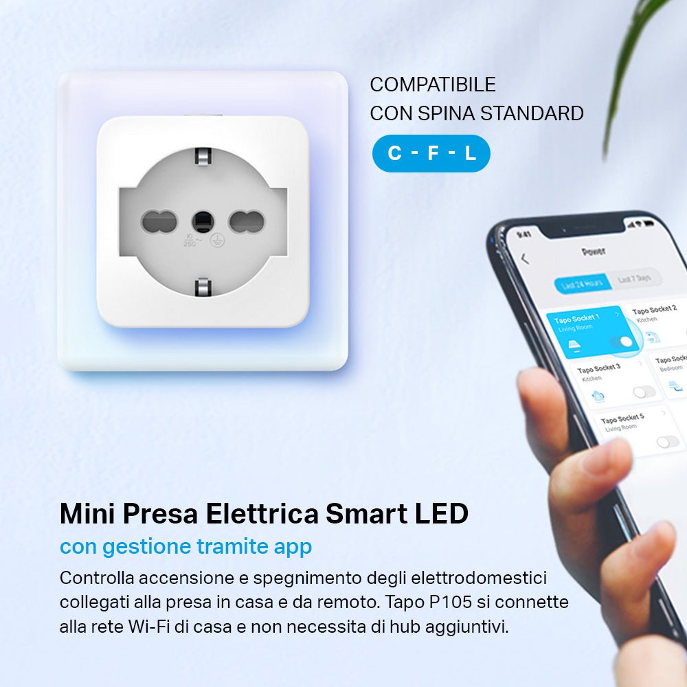 Tapo P105 Presa Smart Wi-Fi Italiana Tipo C-F-L 10A, Controllo Vocale con Alexa