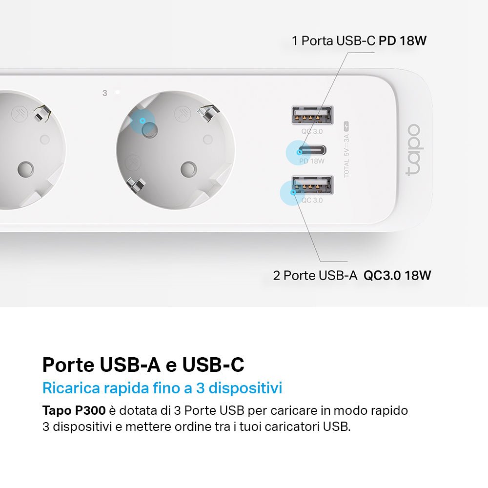 Tapo P300 Ciabatta Smart WiFi 3 Prese Controllo Separato USB 18W Alexa