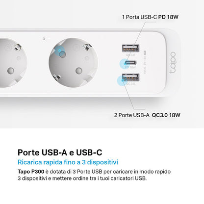 Tapo P300 Ciabatta Smart WiFi 3 Prese Controllo Separato USB 18W Alexa