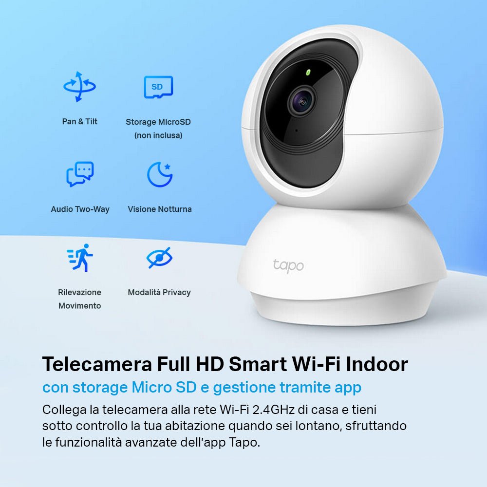 Tapo C200 Telecamera Wi-Fi Interno 1080P FHD, 360° Visuale, MicroSD fino a 512GB