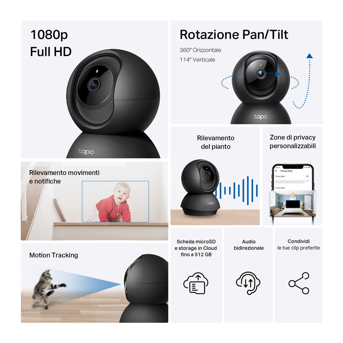 Tapo C201 Telecamera Wi-Fi Interno 1080p FHD, 360° Visuale, Nero