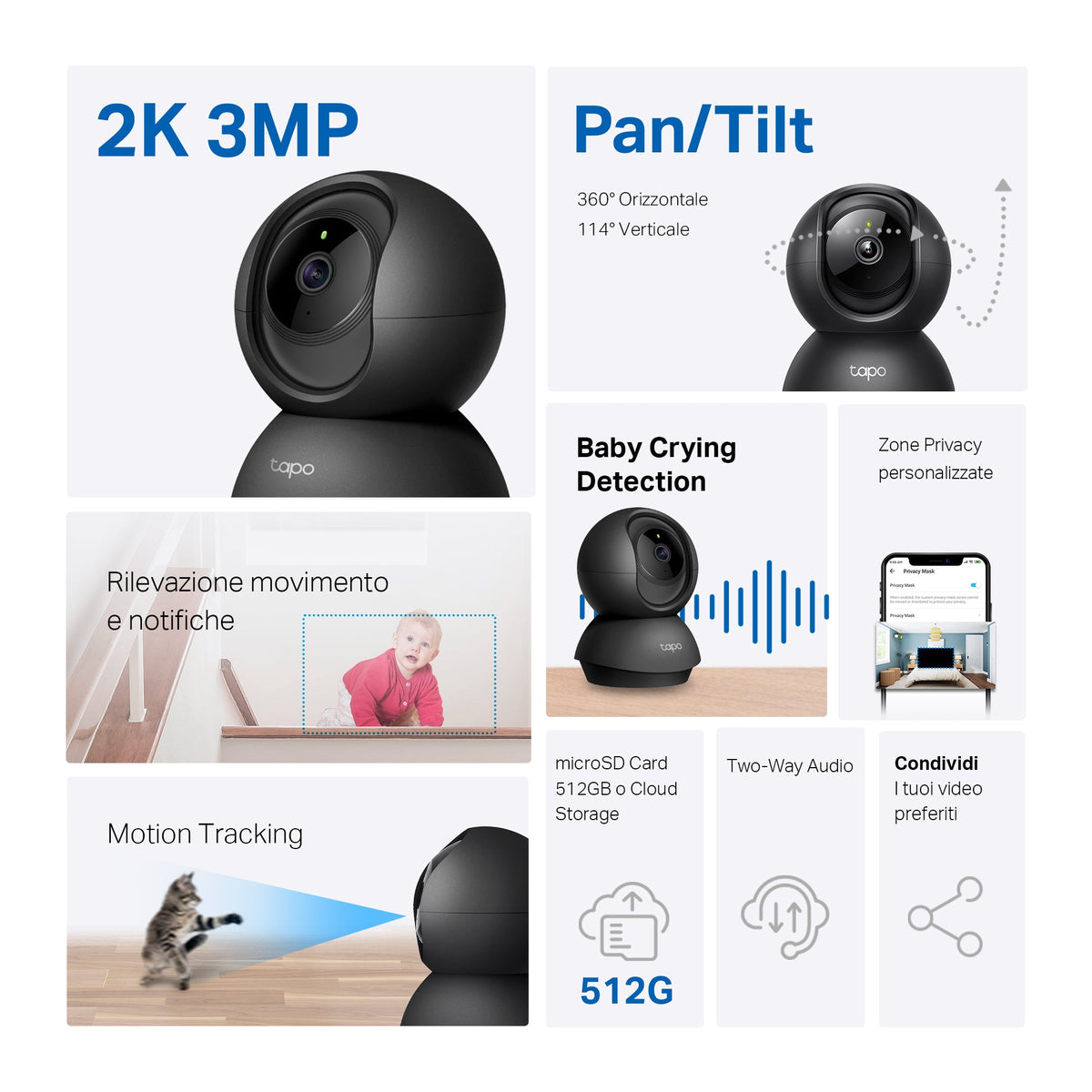 Tapo C211 Telecamera Wi-Fi Interno 2K 3MP, 360° Visuale, Nero