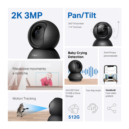 Tapo C211 Telecamera Wi-Fi Interno 2K 3MP, 360° Visuale, Nero