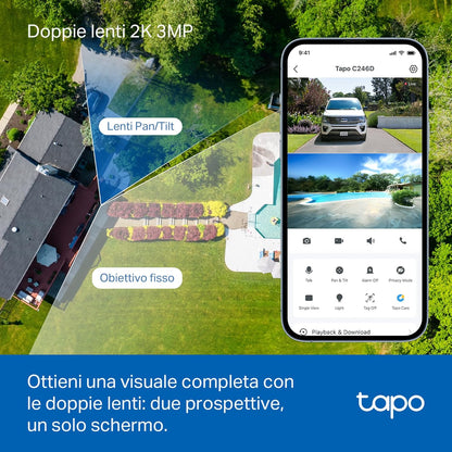 Tapo C246D Telecamera WiFi Esterno Doppio Obiettivo 3MP+3MP, 360° PTZ