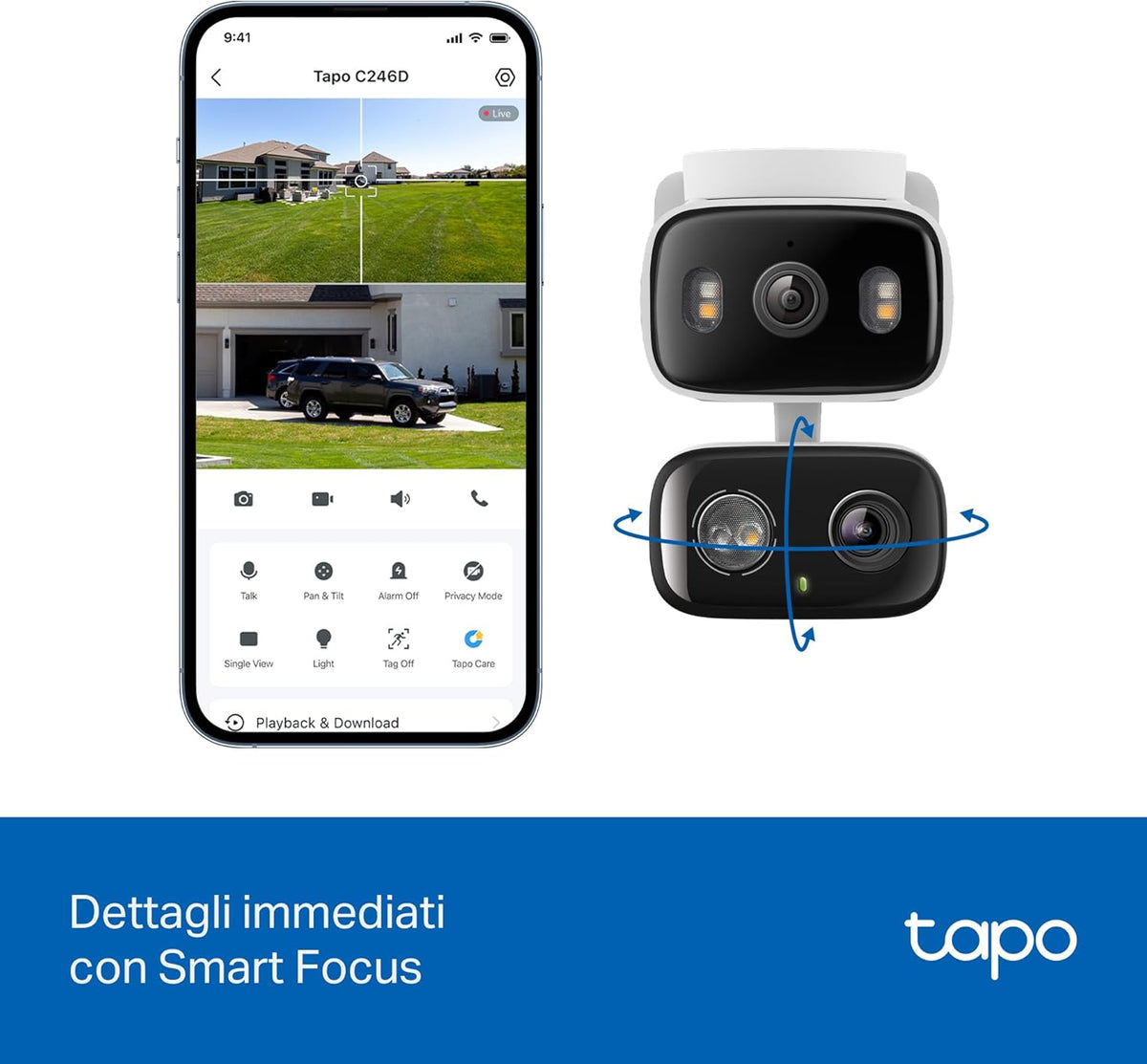Tapo C246D Telecamera WiFi Esterno Doppio Obiettivo 3MP+3MP, 360° PTZ