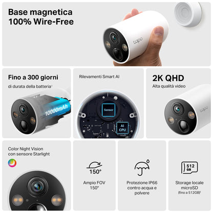 Tapo C425 Telecamera WiFi Esterno 2K 4MP Batteria, Base Magnetica, 2pz