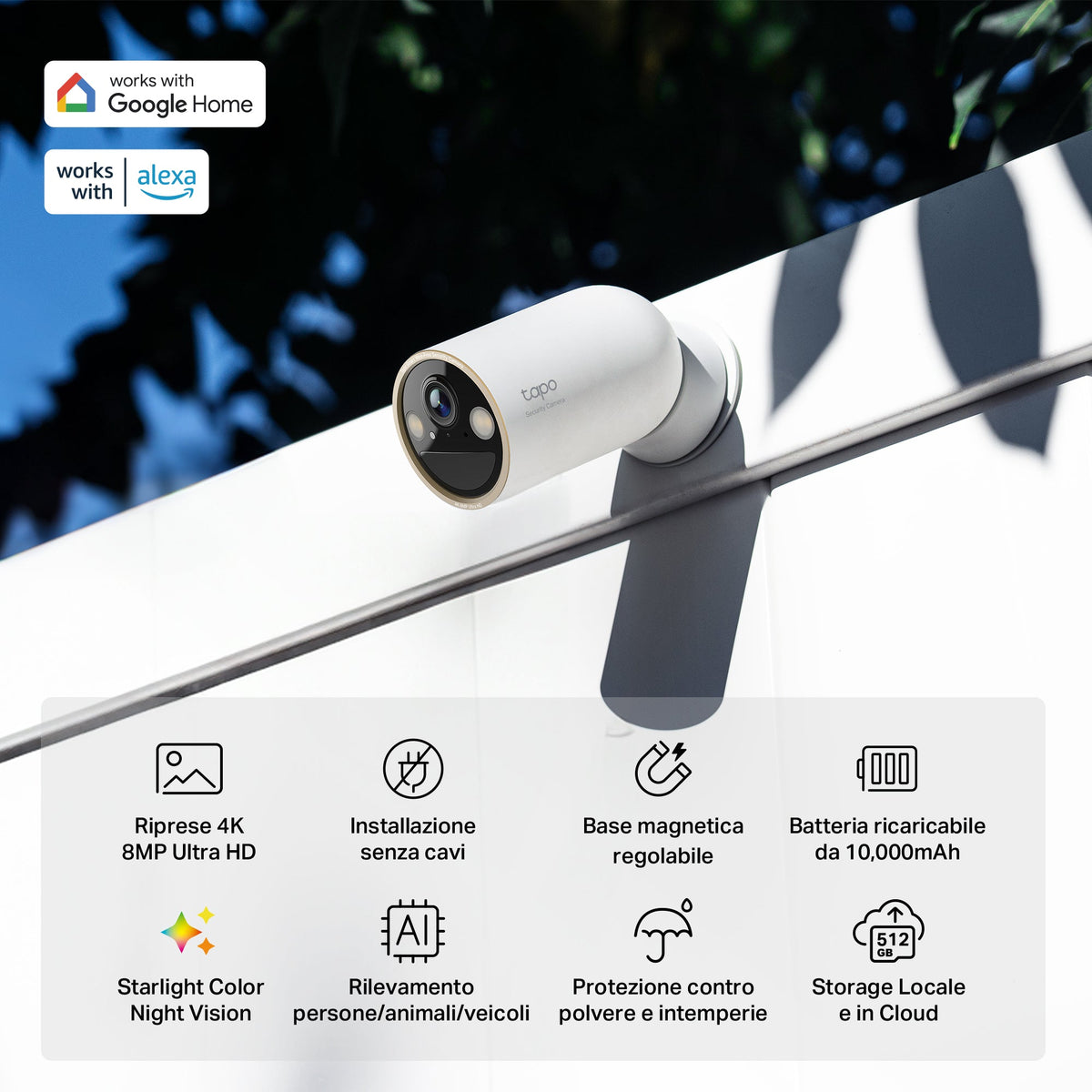 Tapo C460 Telecamera WiFi Esterno 4K 8MP Batteria, Base Magnetica Starlight