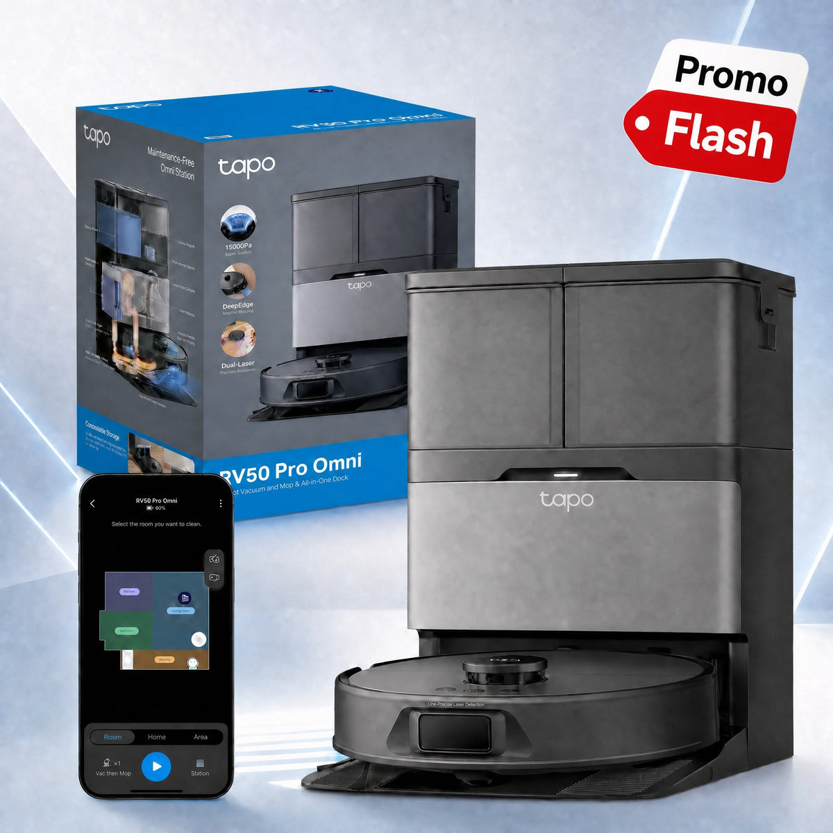 Tapo RV50 Pro Omni Robot Aspirapolvere Lavapavimenti 15000Pa con Base All-in-One