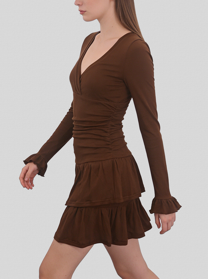 Vestito marrone per donna, economico a basso prezzo con scollo a V e gonna