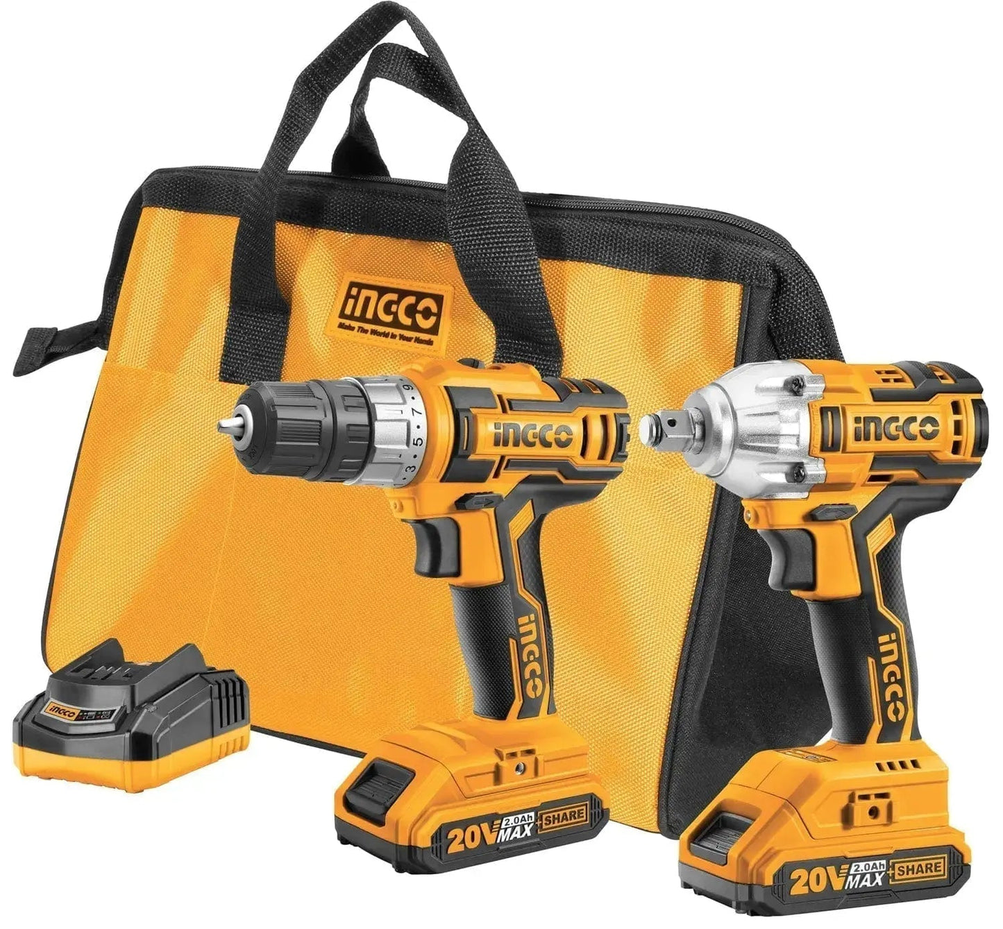 Trapano + avvitatore impulsi 20v 2 batterie con borsa ingco
