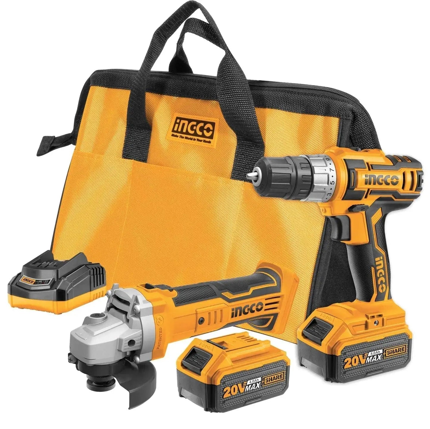 Trapano + smerigliatrice 20v 2 batterie con borsa ingco