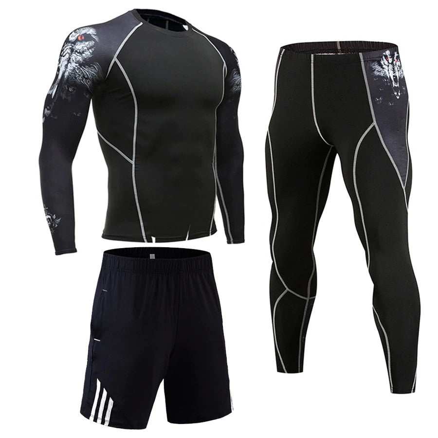 Tuta Sportiva a Compressione Uomo – Completo 3 Pezzi Fitness Palestra Elasticizzato
